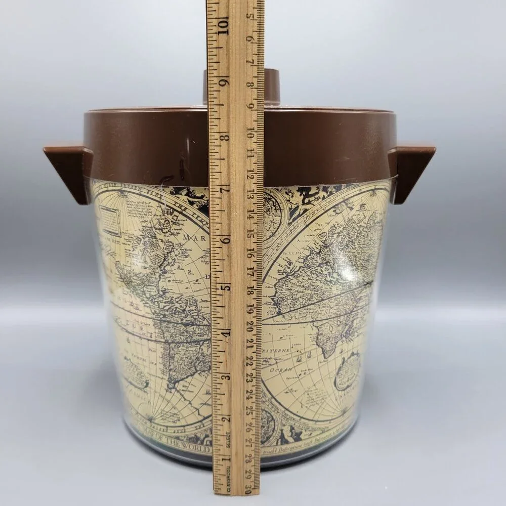 Vintage Thermo-Serv West Bend USA Brown Lid Ice Bucket With World Map Design